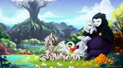 Size: 1600x899 | Tagged: safe, artist:arctic-fox, derpibooru import, oc, zebra, blue sky, cloud, crossover, flower, forest, fruit, glow, grass, group, hug, hugging a pony, image, naru, nuzzling, ori, ori and the blind forest, png, pond, quartet, roots, sky, slim, smiling, tree, water, zebra oc