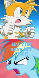 Size: 968x1936 | Tagged: safe, derpibooru import, edit, edited screencap, screencap, rainbow dash, fox, the washouts (episode), angry, ashleigh ball, comic, image, jpeg, miles "tails" prower, screencap comic, sonic prime, sonic the hedgehog (series), sonic x, superman iv: the quest for peace, voice actor joke