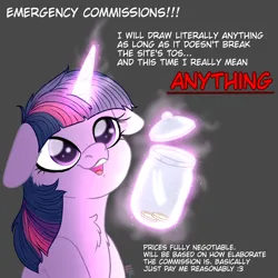 Size: 3000x3000 | Tagged: safe, artist:ponykittenboi, derpibooru import, twilight sparkle, pony, unicorn, advertisement, commission info, commissions open, cute, derpibooru exclusive, female, filly, filly twilight sparkle, foal, g4, g4 to g5, g5, generation leap, glow, glowing horn, gray background, horn, image, information, jar, magic, open mouth, png, signature, simple background, solo, text, tip jar, unicorn twilight, watermark, younger