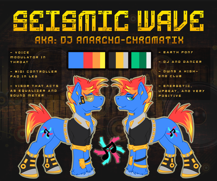 Size: 3000x2500 | Tagged: safe, artist:chvrchgrim, derpibooru import, vinyl scratch, oc, oc:seismic, earth pony, pony, augmented, clothes, cybernetic pony, cyberpunk, dubstep, image, male, music notes, png, reference sheet, shoes, stallion, visor