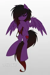 Size: 1288x1926 | Tagged: safe, artist:zeffdakilla, derpibooru import, oc, oc:frankie fang, unofficial characters only, pegasus, pony, black mane, brushing mane, emo, eyes closed, floating, flowing mane, flying, gradient background, holding mane, image, long hair, long mane, male, png, purple fur, scene, solo, spread wings, stallion, wings