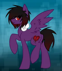 Size: 1800x2053 | Tagged: safe, artist:zeffdakilla, derpibooru import, oc, oc:frankie fang, unofficial characters only, pegasus, pony, abstract background, base used, black mane, emo, headphones, image, looking at you, male, png, purple fur, raised hoof, raised leg, scene, solo, spread wings, stallion, walking, wings