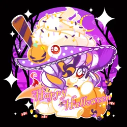 Size: 1000x1000 | Tagged: safe, artist:yokokinawa, derpibooru import, oc, oc:magic sprinkles, eyepatch, food, halloween, holiday, image, moon, png, pumpkin, sprinkles, white pupils