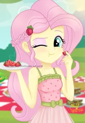 Size: 690x1000 | Tagged: safe, artist:fluttershy_art.nurul, derpibooru import, fluttershy, human, equestria girls, beautiful, blinking, braid, cute, eating, eyeshadow, female, food, green eyes, hairpin, image, looking at you, makeup, picnic, plate, png, shyabetes, smiling, solo, strawberry, tape