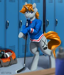 Size: 2959x3465 | Tagged: safe, artist:st4rs6, derpibooru import, oc, oc:disterious, unofficial characters only, pony, unicorn, bag, bench, blue eyes, clothes, cutie mark, hockey, hockey stick, horn, image, jersey, lockers, male, painting, png, smug, solo, sports, stallion, standing on two hooves, unicorn oc, water bottle