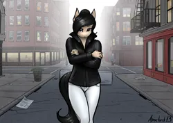 Size: 4961x3508 | Tagged: safe, artist:apocheck13, derpibooru import, oc, oc:elya, unofficial characters only, anthro, earth pony, city, clothes, crossed arms, earth pony oc, female, female focus, image, jacket, looking at you, png, solo focus