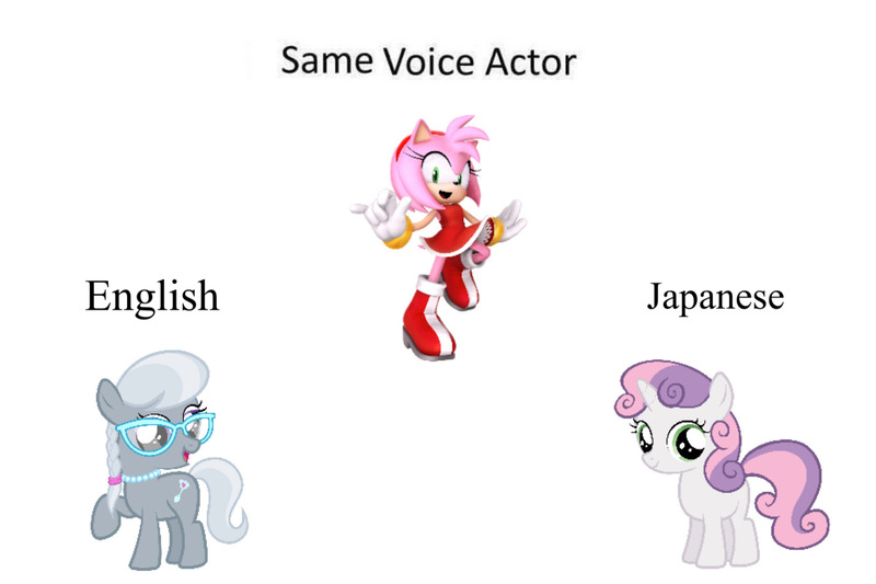 Size: 1935x1290 | Tagged: safe, derpibooru import, silver spoon, sweetie belle, earth pony, unicorn, amy rose, exploitable meme, image, jpeg, meme, same voice actor, shannon chan-kent, simple background, sonic prime, sonic the hedgehog (series), taeko kawata, white background