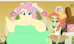 Size: 2400x1440 | Tagged: suggestive, artist:neongothic, derpibooru import, fluttershy, tree hugger, human, equestria girls, bbw, belly, big belly, bingo wings, breasts, chubby cheeks, cleavage, double chin, equestria girls-ified, fat, fat ass, fat boobs, fat fetish, fattershy, fetish, image, morbidly obese, obese, peace sign, png, ssbbw, weight gain