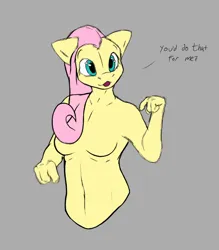Size: 610x697 | Tagged: suggestive, artist:axentooth, derpibooru import, fluttershy, anthro, breasts, colored sketch, featureless breasts, female, gray background, image, png, simple background, sketch, solo, solo female, waist up