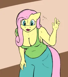 Size: 720x816 | Tagged: safe, artist:axentooth, derpibooru import, fluttershy, anthro, absolute cleavage, breasts, busty fluttershy, cleavage, clothes, colored sketch, female, image, leaning forward, pants, png, sketch, solo, tanktop, waving