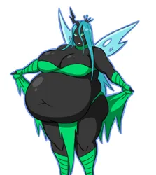 Size: 3464x3889 | Tagged: suggestive, artist:miss-britt, derpibooru import, queen chrysalis, human, belly, belly button, big belly, big breasts, breasts, fat, female, horn, horned humanization, huge belly, humanized, image, jpeg, midriff, queen chrysalard, sexy, simple background, solo, solo female, white background, winged humanization, wings