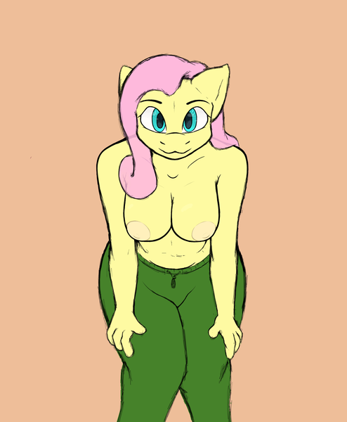 Size: 1600x1945 | Tagged: questionable, artist:axentooth, derpibooru import, fluttershy, anthro, breasts, busty fluttershy, clothes, colored sketch, female, image, leaning forward, looking at you, nipples, nudity, pants, partial nudity, png, reasonably sized breasts, simple background, sketch, solo, solo female, sweatpants, tan background, topless