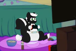 Size: 4050x2700 | Tagged: safe, artist:axiscloud, derpibooru import, oc, oc:zenawa skunkpony, unofficial characters only, hybrid, pony, skunk, skunk pony, baby bottle, bed, chewing, chips, chocolate, chocolate milk, colt, controller, cookie, diaper, eating, foal, food, high res, image, male, milk, nintendo, nintendo switch, paws, pinkie's bedroom, playing, png, raised tail, rug, sitting, sitting on floor, smiling, snacks, solo, solo male, spread legs, spreading, tail, television, underhoof, video game