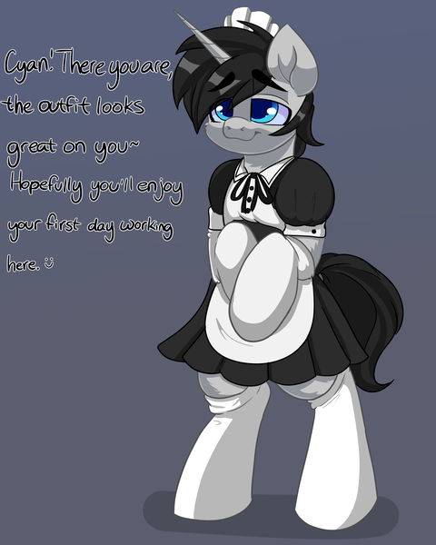 Size: 2000x2500 | Tagged: safe, artist:skyboundsiren, derpibooru import, oc, oc:cyan delta, pony, unicorn, bipedal, clothes, crossdressing, cute, dialogue, femboy, image, maid, male, offscreen character, png, pov, simple background, sissy, socks, stallion