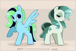 Size: 2638x1763 | Tagged: safe, artist:syrupyyy, derpibooru import, oc, oc:blue mint, oc:spring mint, unofficial characters only, earth pony, pegasus, pony, duo, female, image, jpeg, lidded eyes, mare, open mouth, open smile, ponytober, raised hoof, smiling, spread wings, wings