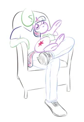 Size: 748x1080 | Tagged: safe, artist:purblehoers, derpibooru import, twilight sparkle, oc, oc:anon, human, pony, unicorn, chair, crossed legs, female, holding a pony, image, mare, png, simple background, sitting, sitting on person, sketch, unicorn twilight, white background