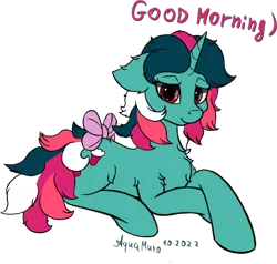 Size: 2026x1928 | Tagged: safe, alternate version, artist:aquamuro, derpibooru import, fizzy, pony, unicorn, cute, dialogue, ear fluff, female, fizzybetes, fluffy, good morning, image, lidded eyes, looking at you, lying down, mare, messy mane, png, prone, ribbon, signature, simple background, sketch, smiling, smiling at you, solo, translation, transparent background
