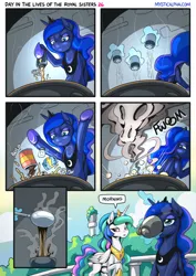 Size: 955x1351 | Tagged: safe, artist:mysticalpha, derpibooru import, princess celestia, princess luna, alicorn, pony, cauldron, coffee, comic, image, jpeg, magic