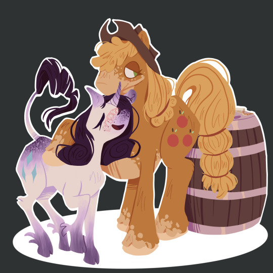 Size: 540x540 | Tagged: safe, artist:nicomoru, derpibooru import, applejack, rarity, classical unicorn, unicorn, alternate design, barrel, blushing, cloven hooves, dark background, drunk, drunk rarity, female, image, jpeg, leonine tail, lesbian, rarijack, shipping, twitterina design, unshorn fetlocks