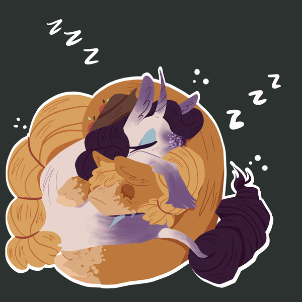 Size: 2048x2048 | Tagged: safe, artist:nicomoru, derpibooru import, applejack, rarity, classical unicorn, unicorn, alternate design, cloven hooves, coat markings, curled up, dappled, female, image, jpeg, leonine tail, lesbian, rarijack, shipping, sleeping, snoring, twitterina design, unshorn fetlocks