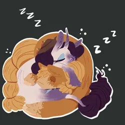 Size: 2048x2048 | Tagged: safe, artist:nicomoru, derpibooru import, applejack, rarity, classical unicorn, unicorn, alternate design, cloven hooves, coat markings, curled up, dappled, female, image, jpeg, leonine tail, lesbian, rarijack, shipping, sleeping, snoring, twitterina design, unshorn fetlocks