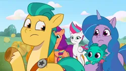 Size: 3072x1727 | Tagged: safe, derpibooru import, screencap, hitch trailblazer, izzy moonbow, sparky sparkeroni, sunny starscout, zipp storm, dragon, earth pony, pegasus, pony, unicorn, filly filling, my little pony: tell your tale, spoiler:g5, spoiler:my little pony: tell your tale, spoiler:tyts01e33, baby, baby dragon, female, g5, high res, image, jpeg, male, mare, pumpkin, stallion, upscaled, youtube link