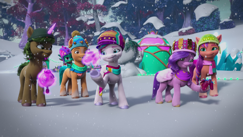 Size: 1920x1080 | Tagged: safe, derpibooru import, official, screencap, hitch trailblazer, izzy moonbow, pipp petals, sparky sparkeroni, sunny starscout, zipp storm, pony, spoiler:g5, spoiler:winter wishday, bridlewood, g5, image, jpeg, mane five (g5), winter wishday