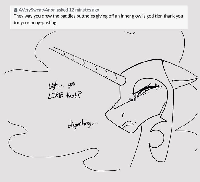 Size: 1100x1000 | Tagged: questionable, artist:averysweatyboy, derpibooru import, nightmare moon, alicorn, pony, ask, dialogue, disgusted, female, helmet, image, jpeg, looking at you, mare, open mouth, solo, squint