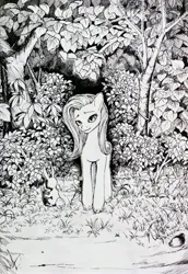 Size: 2224x3224 | Tagged: safe, artist:ph平和, derpibooru import, angel bunny, fluttershy, pegasus, pony, black and white, black and white cartoon, dark, dead tree, grass, grass field, grayscale, image, jpeg, looking at you, monochrome, night, shrub, solo, traditional art, tree