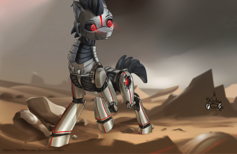 Size: 3200x2080 | Tagged: safe, artist:kirby_orange, derpibooru import, oc, oc:rubiont, android, pony, robot, robot pony, artwork, desert, fanart, image, mecha, mechanic, planet, png