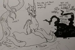 Size: 2048x1380 | Tagged: safe, artist:pony quarantine, derpibooru import, oc, oc:bo, unofficial characters only, earth pony, monster pony, pony, undead, zombie, zombie pony, dialogue, faint, female, grayscale, image, jpeg, mare, monochrome, monster, traditional art