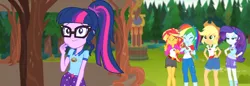 Size: 3119x1079 | Tagged: safe, composite screencap, derpibooru import, edit, edited screencap, screencap, applejack, rainbow dash, rarity, sci-twi, sunset shimmer, twilight sparkle, equestria girls, legend of everfree, camp everfree outfits, clothes, denim, denim shorts, glasses, image, png, ponytail, shirt, shorts, tanktop