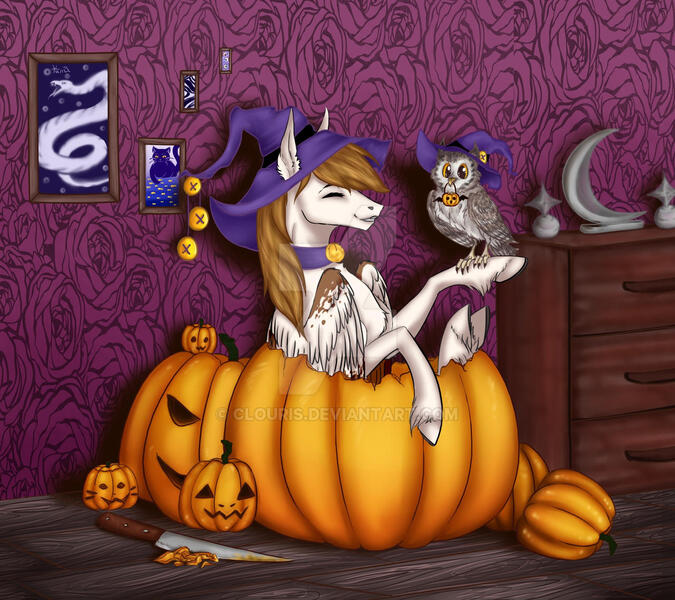 Size: 1280x1138 | Tagged: safe, artist:clouris, derpibooru import, oc, unofficial characters only, bird, owl, pegasus, pony, snake, commission, deviantart watermark, duo, halloween, holiday, image, indoors, jack-o-lantern, jpeg, obtrusive watermark, pegasus oc, poster, pumpkin, pumpkin bucket, smiling, watermark, wings, ych result