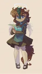 Size: 2327x4096 | Tagged: safe, artist:saxopi, derpibooru import, oc, unofficial characters only, kirin, semi-anthro, angel, apron, beige background, blue eyes, book, clothes, colored horn, cute, eyebrows, eyebrows visible through hair, feather, female, forked horn, halo, high res, hoof hold, hoof shoes, horn, image, jewelry, jpeg, kirin oc, looking at you, necklace, ocbetes, pearl necklace, scales, simple background, skirt, smiling, smiling at you, socks, solo, stockings, thigh highs, wings, writing