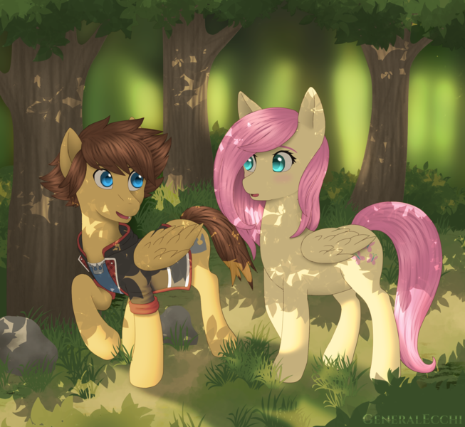 Size: 2420x2222 | Tagged: safe, artist:generalecchi, derpibooru import, fluttershy, pegasus, pony, dappled sunlight, forest, forest background, image, kingdom hearts, png, sora, tree, walking