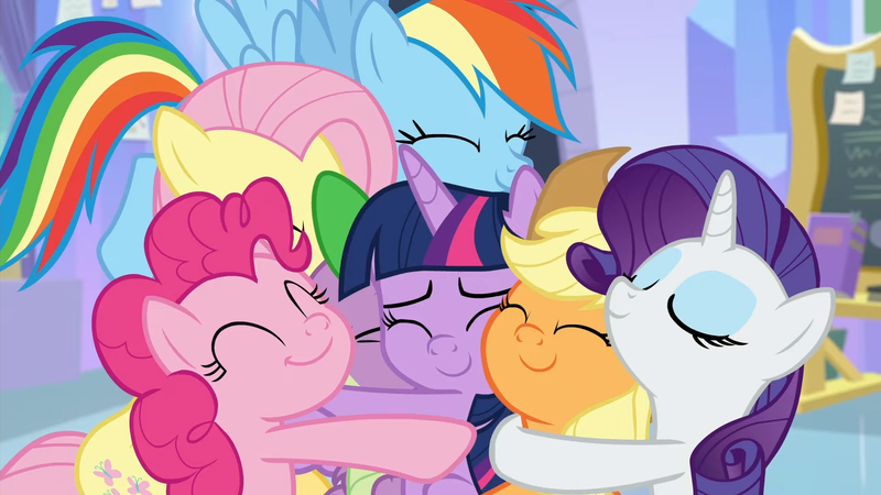 Size: 1920x1080 | Tagged: safe, derpibooru import, screencap, applejack, fluttershy, pinkie pie, rainbow dash, rarity, spike, twilight sparkle, twilight sparkle (alicorn), alicorn, dragon, earth pony, pegasus, pony, unicorn, season 9, the ending of the end, spoiler:s09, 1080p, ^^, comforting, cute, daaaaaaaaaaaw, dashabetes, diapinkes, eyes closed, female, group hug, hnnng, hug, image, jackabetes, male, mane seven, mane six, mare, png, raribetes, shyabetes, smiling, spikabetes, too cute, twiabetes, wholesome, winged spike, wings