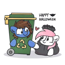 Size: 1000x1000 | Tagged: safe, artist:sugar morning, derpibooru import, oc, oc:bizarre song, oc:sugar morning, unofficial characters only, pony, bag, clothes, costume, duo, female, halloween, halloween costume, heart, holding hooves, holiday, image, looking at each other, looking at someone, male, mare, nightmare night, oc x oc, png, shipping, simple background, stallion, straight, sugarre, trash bag, trash can, white background
