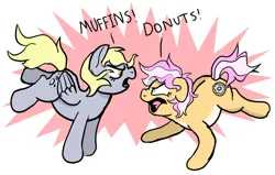 Size: 2853x1815 | Tagged: safe, artist:doodledonutart, derpibooru import, derpy hooves, oc, oc:doodle donut, earth pony, pony, angry, argument, duo, earth pony oc, female, food, image, muffin, png, that pony sure does love muffins