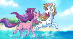 Size: 2000x1074 | Tagged: safe, artist:themagicbrew, derpibooru import, skywishes, sunny daze (g3), earth pony, pony, beach, duo, female, g3, happy, image, ocean, open mouth, png, water