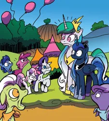 Size: 746x824 | Tagged: safe, artist:andypriceart, derpibooru import, idw, granny smith, princess celestia, princess luna, rarity, sweetie belle, unnamed character, unnamed pony, alicorn, earth pony, pony, unicorn, friends forever, spoiler:comic, emanata, faic, female, filly, foal, g4, group, image, jaw drop, jpeg, mare, royal sisters, siblings, sisters