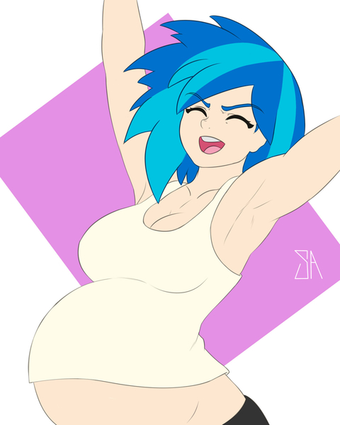 Size: 1280x1600 | Tagged: safe, artist:souladdicted, derpibooru import, edit, vinyl scratch, human, armpits, belly, big belly, breasts, busty vinyl scratch, cleavage, clothes, eyes closed, female, humanized, image, jpeg, open mouth, open smile, pregnant, pregnant edit, raised arms, smiling, tanktop