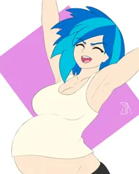 Size: 1280x1600 | Tagged: safe, artist:souladdicted, derpibooru import, edit, vinyl scratch, human, armpits, belly, big belly, breasts, busty vinyl scratch, cleavage, clothes, eyes closed, female, humanized, image, jpeg, open mouth, open smile, pregnant, pregnant edit, raised arms, smiling, tanktop