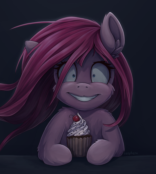 Size: 1118x1248 | Tagged: safe, derpibooru import, pinkie pie, earth pony, pony, fanfic:cupcakes, :3, adoracreepy, cheek fluff, cherry, creepy, cupcake, cute, dark background, ear fluff, female, food, image, looking at you, mare, pinkamena diane pie, png, shrunken pupils, smiling, solo, wind, windswept mane