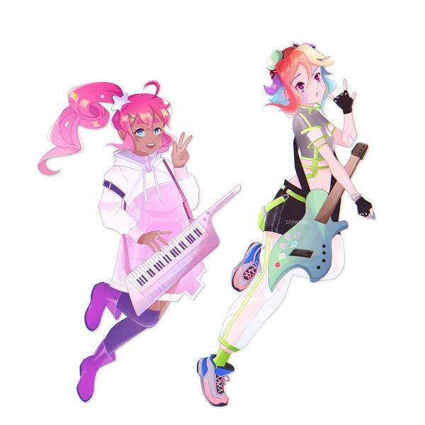 Size: 1536x1536 | Tagged: safe, artist:cryweas, derpibooru import, pinkie pie, rainbow dash, human, blackwashing, duo, female, guitar, humanized, image, jpeg, keytar, musical instrument, simple background, white background