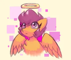 Size: 1000x846 | Tagged: safe, artist:synnibear03, derpibooru import, scootaloo, pegasus, pony, abstract background, bust, female, halo, image, png, portrait, solo