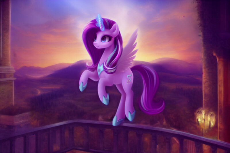 Size: 3072x2048 | Tagged: safe, derpibooru import, editor:siber, machine learning generated, purplesmart.ai, stable diffusion, starlight glimmer, alicorn, pony, alicornified, female, flying, hoof shoes, image, jewelry, jpeg, magic, mare, nature, race swap, regalia, solo, starlicorn, sunset, valley, wings, xk-class end-of-the-world scenario