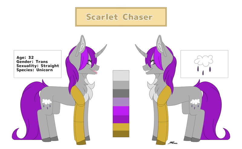 Size: 3000x1846 | Tagged: safe, artist:melodytheartpony, derpibooru import, oc, oc:scarlet chaser, unofficial characters only, unicorn, amputee, cute, disabled, female, feral, fluffy, happy, image, limb loss, looking at you, png, prosthetic limb, prosthetics, reference sheet, signature, simple background, smiling, solo, white background