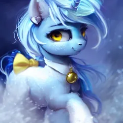 Size: 1024x1024 | Tagged: safe, derpibooru import, machine learning assisted, machine learning generated, purplesmart.ai, stable diffusion, oc, oc:arctic snowfall, unofficial characters only, pony, unicorn, bell, blue background, blue fur, blue mane, blurry background, bow, bowtie, collar, ear piercing, earring, female, freckles, heart, image, jewelry, looking at you, mare, piercing, png, raised hoof, simple background, smiling, smiling at you, snow, snowfall, solo, standing, tail, tail bow, yellow eyes