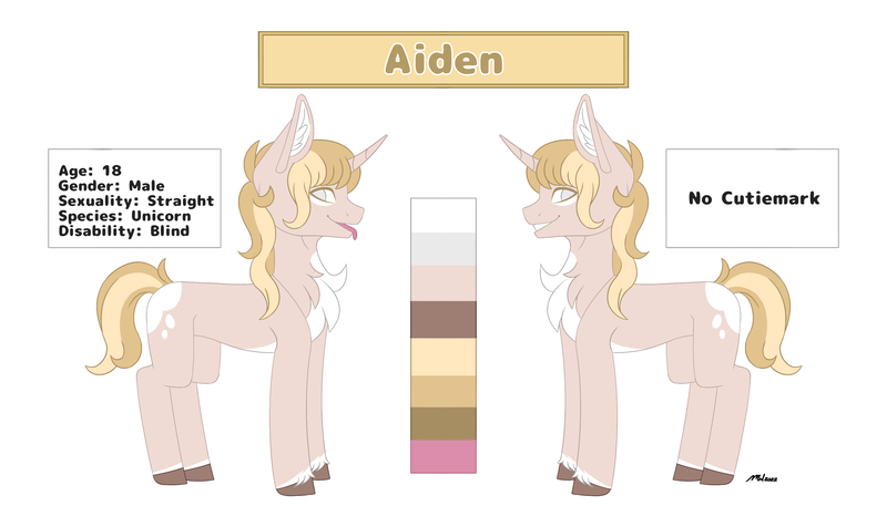 Size: 3000x1748 | Tagged: safe, artist:melodytheartpony, derpibooru import, oc, oc:aiden, unicorn, blind, cute, disabled, feral, fluffy, happy, image, male, png, reference sheet, signature, simple background, smiling, spotted