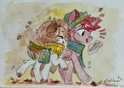 Size: 3851x2729 | Tagged: safe, artist:sofiko-ko, derpibooru import, oc, oc:sofiko, alicorn, deer, pony, autumn, clothes, image, jpeg, outdoors, traditional art, walking, watercolor painting